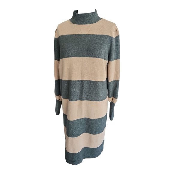 Ann Taylor Cream & Gray Bishop‑Sleeve Turtleneck Sweater Dress – Size L - Picture 2 of 10